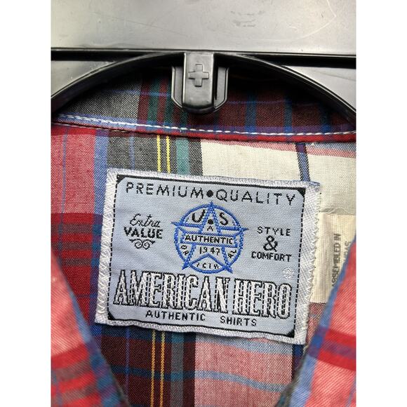 American Hero Shirt Mens Medium Red Plaid Western Pearl Snap Short Sleeve Cowboy - Picture 4 of 8